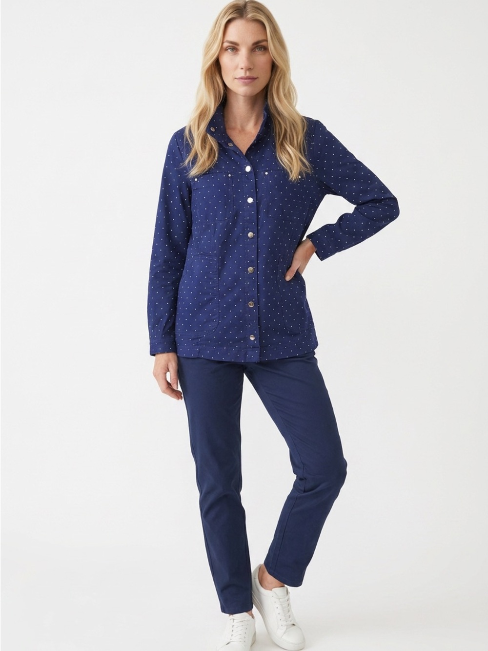 CHICOS XL/3 BLUE POLKA DOT SNAP FRONT UTILITY JACKET W POCKETS